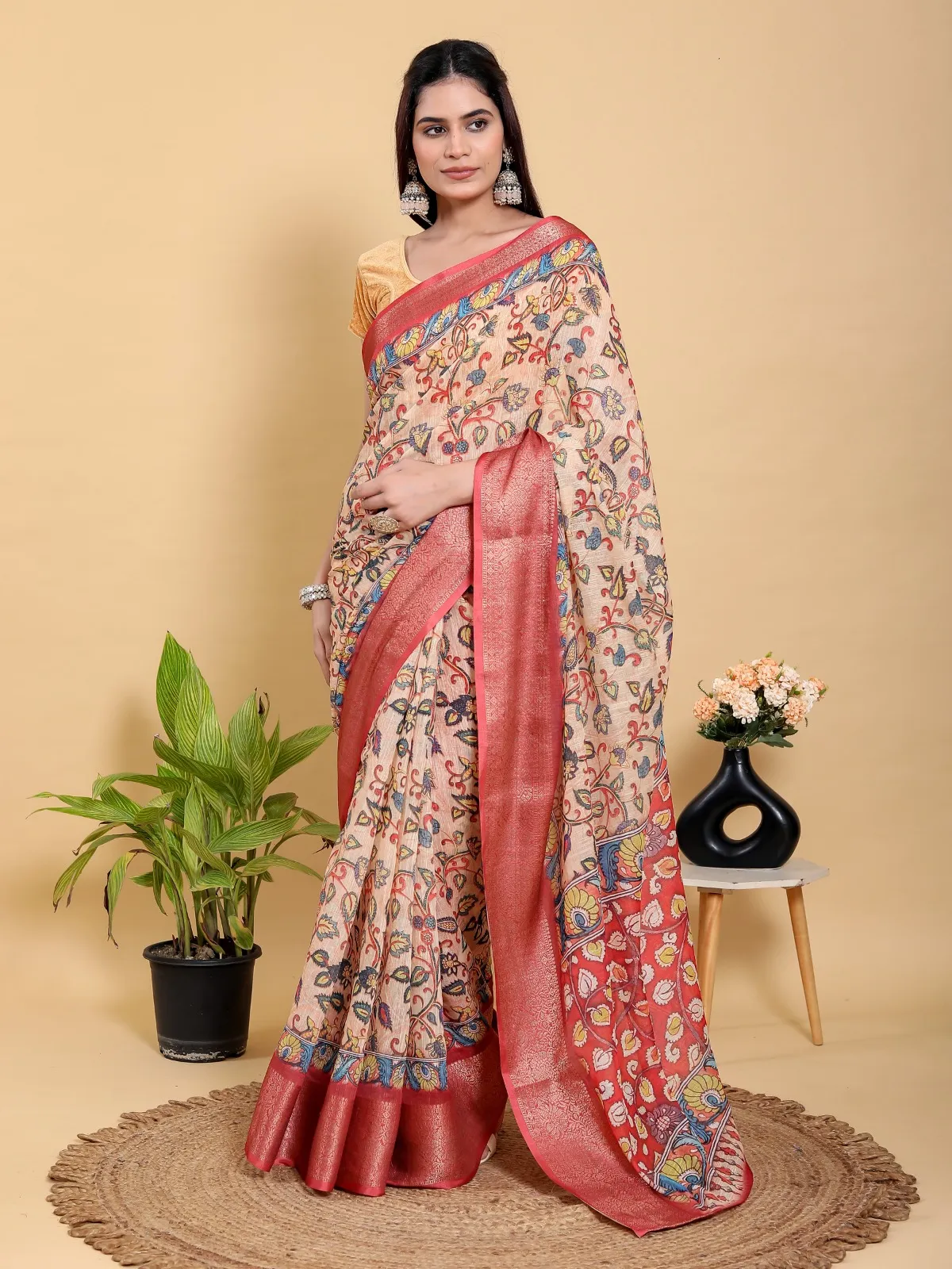 Kalamkari print Linen Cotton saree - Image 5 in Kolkata